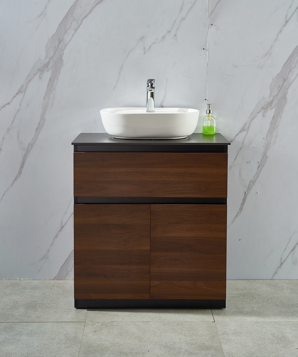 Walnut Free Standing 750W*460D*820H Vanity with Black Slate Countertop and Bowl