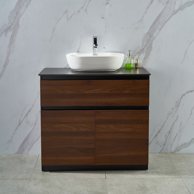 Walnut Free Standing 900W*460D*820H Vanity with Black Slate Countertop and Bowl