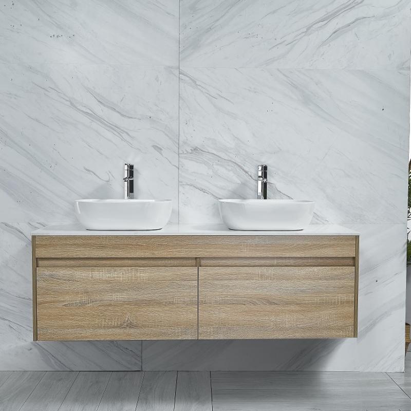 MY-70090-W120DB-Y02-78105DB VANITY Original Oak Wall hung 1200mm Vanity with white marble slab / double  counter top