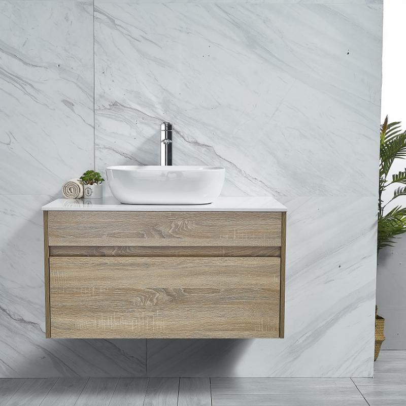 MY-70082-W90-Y02-78105 VANITY Original Oak Wall hung 900mm Vanity with white marble slab / counter top